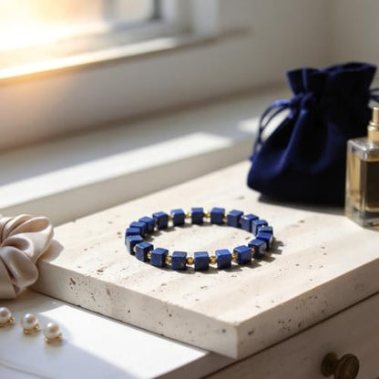 Lapis Lazuli Healing Bracelet – Real Crystal Beads for Stress Relief, Meditation & Chakra Balance – Natural Gemstone Jewelry Gift for Women & Men, Adjustable Stretch Fit - style: 6mm Cube Gold Accent（no gift box）
