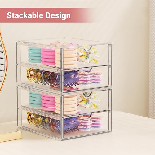 Hair Accessories Organizer for Girls, 2 Tier Acrylic Stackable Storage Drawers, Clear Vanity Hair Tie Bow Claw Clip Scrunchie Holder Organizer for Girls Stuff, Cute Desk Organizers and Accessories