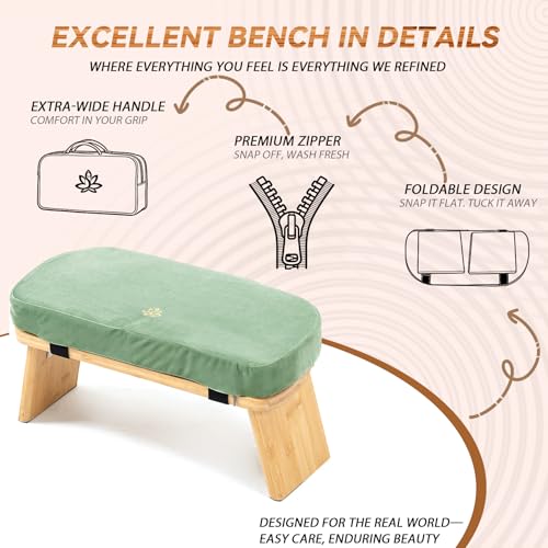 Meditation Bench, Bamboo Meditation Stool, Folding Kneeling Meditation Bench, Seiza Prayer Bench, Prayer Bench with Meditation Cushion, Kneeling Stool(Green-Bag) - color: Green-bag