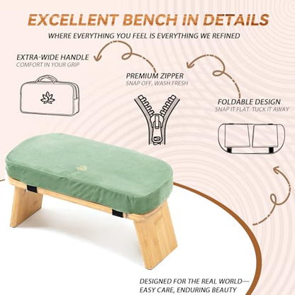 Meditation Bench, Bamboo Meditation Stool, Folding Kneeling Meditation Bench, Seiza Prayer Bench, Prayer Bench with Meditation Cushion, Kneeling Stool(Green-Bag) - color: Green-bag