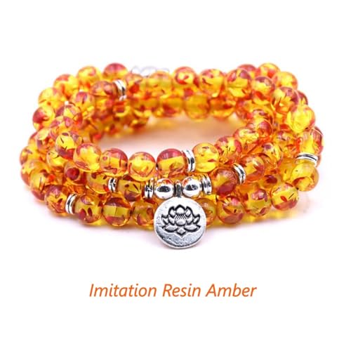 108 Mala Beads Bracelet Necklace - Gemstone Prayer Beads with Lotus Charm for Meditation & Yoga - style: Imitation Resin Amber
