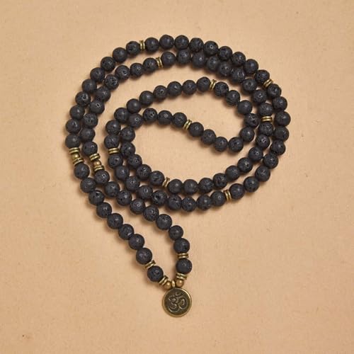 108 Natural Stone Mala Beads Yoga Jewelry Meditation Bracelet Necklace with om Charm - style: Lava
