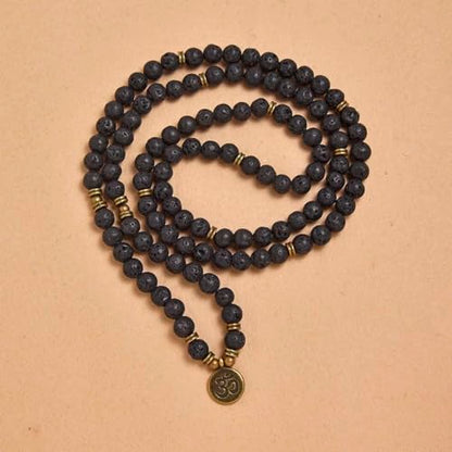 108 Natural Stone Mala Beads Yoga Jewelry Meditation Bracelet Necklace with om Charm - style: Lava