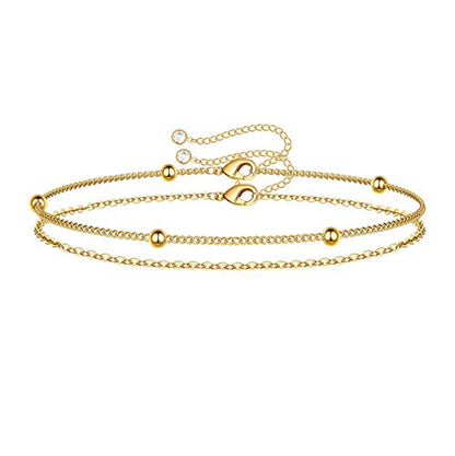 Dainty Gold Bracelets for Women, 14K Gold Plated Adjustable Layered Beads Bracelet Cute Evil Eye Oval Chain Pearl Bar Turtle Gold Bracelets for Women Jewelry