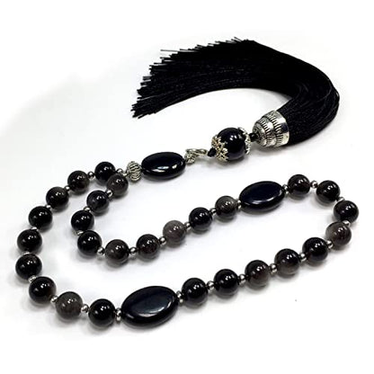 Mala Prayer Beads - Mala Necklace - Tibetan Mala Prayer Beads Meditation Beads Yoga Necklace - color: (POCKET MALA)-Silver Sheen Obsidian Natural Stone -8 mm- 27 Beads