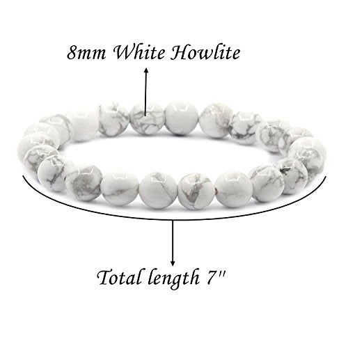 Amandastone Natural Gemstone 8mm Round Beads Stretch Bracelet 7 Inch - color: White Howlite