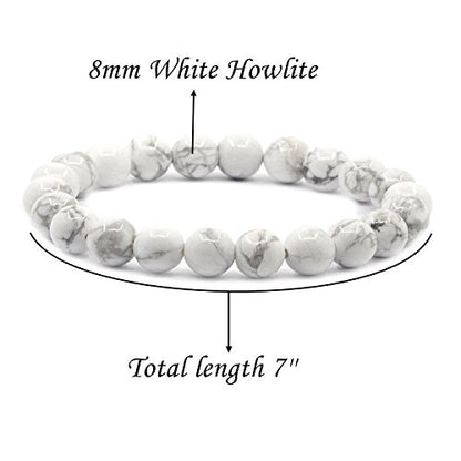 Amandastone Natural Gemstone 8mm Round Beads Stretch Bracelet 7 Inch - color: White Howlite