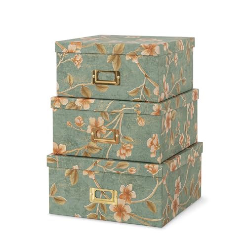 Soul & Lane Decorative Cardboard Storage Boxes - Set of 3 Square Stacking Boxes with Lids and Gold Label Holders, Nesting Photo Storage for Decor and Organizing, Botanical Sage - color: Botanical Sage