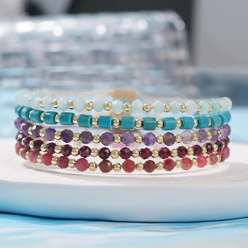 Rainbow Gemstone Beaded Bracelets Stack for Women, Handmade Gold Beads Natural Stones Stackable Strand Bracelet Summer Beach Jewelry Gift.