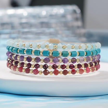 Rainbow Gemstone Beaded Bracelets Stack for Women, Handmade Gold Beads Natural Stones Stackable Strand Bracelet Summer Beach Jewelry Gift.