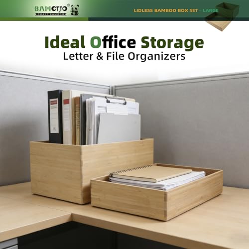 2-Piece Large Bamboo Storage Box Set - 7.1in High Stackable Deep-Drawer Organizer, Lidless Bin for Kitchen Cutlery Utensils, Home & Office (14.6"x10.2"x7.1"+14.6"x10.2"x3.1")