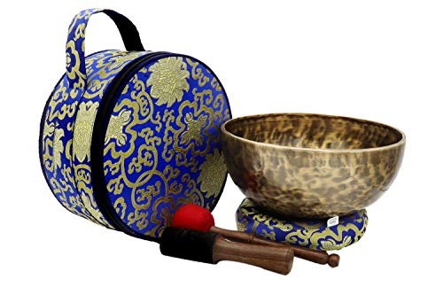 Large Tibetan Singing Bowl Set — 10 Inch Hand-Hammered Singing Bowl, 7 Metal Alloy, 2 Mallets, Blue Silk Cushion and Carry Bag, Deep Tone Sound Bowl for Sound Bath Healing Chakra Meditation