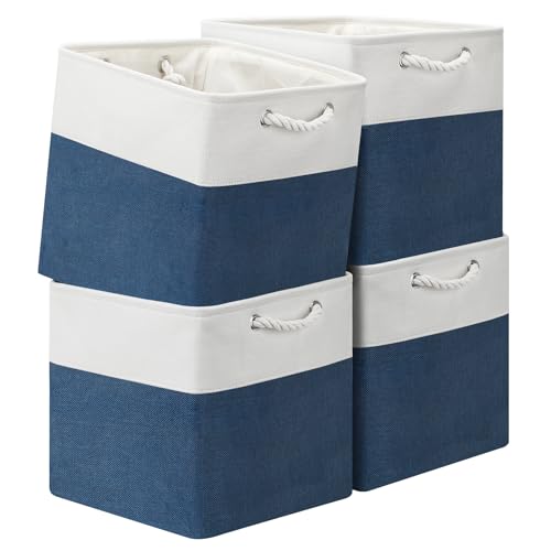 13x13 Storage Cube Bins 4Pack,Collapsible Cube Storage Organizer for Closet, Fabric Storage Box w/ Rope Handles, Foldable Storage Baskets for Shelves, Clothes,Closet Organization - White/Blue - color: White/Blue, size: 13×13×13/4pcs