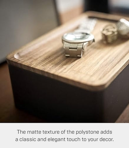 YAMAZAKI Home Rin Accessory Box With Wooden Lid For Jewelry, Watches, Or Sunglasses - Polystone - color: Walnut
