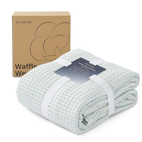Lightweight Cotton Waffle Throw Blanket, Modern Two-Tone Check Pattern, Soft & Breathable for Bed, Couch, Sofa, All Seasons –Light Blue/White, 50"x60" - color: Blue/White, size: Twin