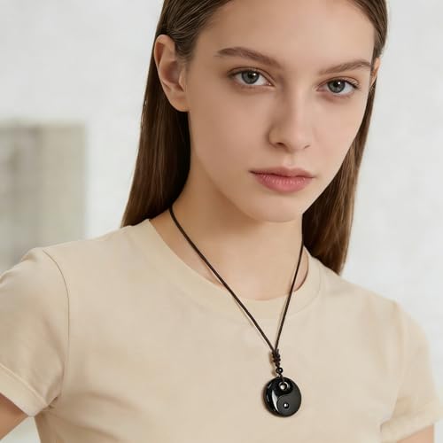 Black Obsidian Yin Yang Necklace for Men Women, Tai Chi Pendant Obsidian Balance Necklace for Releasing Negativity, Talisman Spiritual Healing Jewelry for Protection Amulet - color: Black-2