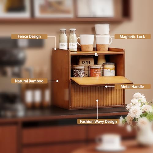 Trironsun Rustic Bread Box for Kitchen Countertop Bamboo Bread Storage Container Bin Double Layer BreadBox Farmhouse Large Capacity Food Organizer (Brown) - color: Brown