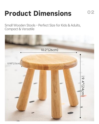 Small Solid Wood Stool, 10" Round Wooden Step Stool for Kids & Adults, Sturdy Plant Stand, Low Sitting Stool for Bathroom, Bedroom & Nursery, Easy Tool-Free Assembly, Natural (1 Pack)