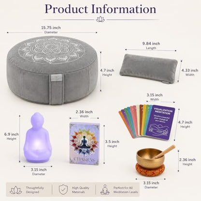 Meditation Cushion Set with Buckwheat Zafu, Breathing Light, Singing Bowl, Eye Pillow & Affirmation Cards – Meditation Kit for Beginners, Mindfulness Gift Set for Stress Relief & Yoga