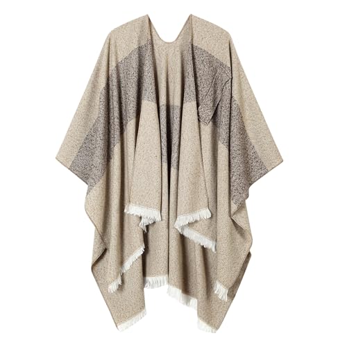Women Shawl Wrap Poncho Cape Cardigan Open Front Coat Warm Scarf for Spring Fall Winter Cold Weather Days - color: Light Khaki Beige
