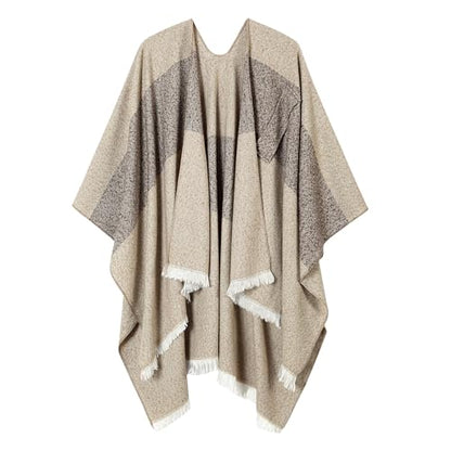 Women Shawl Wrap Poncho Cape Cardigan Open Front Coat Warm Scarf for Spring Fall Winter Cold Weather Days - color: Light Khaki Beige