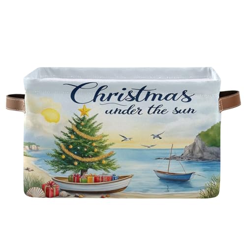 Christmas Beach Time Storage Basket with Waterproof Liner and PU Handles Xmas Tree Summer Theme Storage Bins Boxes 14.2" Collapsible Decorative Organizer Baskets for Bedroom Closet Office 1 Pack - color: Christmas beach, size: 1 Pack