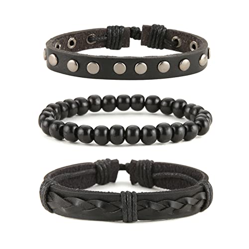 HZMAN Wrap Bracelets Men Women, Hemp Cords Wood Beads Ethnic Tribal Bracelets, Leather Wristbands - style: Wooden bead style 6