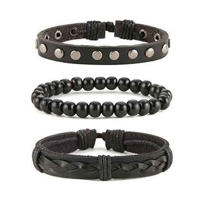 HZMAN Wrap Bracelets Men Women, Hemp Cords Wood Beads Ethnic Tribal Bracelets, Leather Wristbands - style: Wooden bead style 6