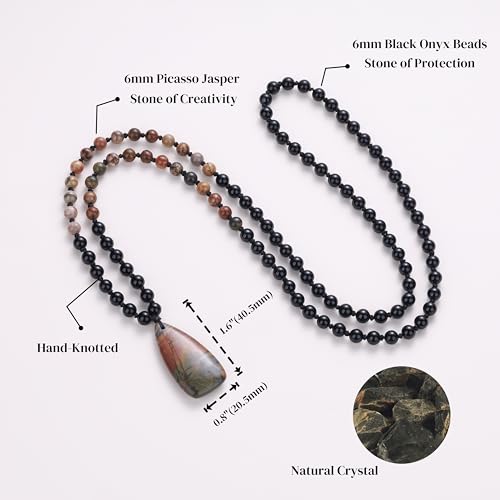 COAI 108 Mala Beaded Necklace for Women Men, Teardrop Pendant Picasso Jasper Onyx Crystal Necklace for Women Men