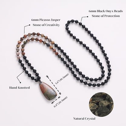 COAI 108 Mala Beaded Necklace for Women Men, Teardrop Pendant Picasso Jasper Onyx Crystal Necklace for Women Men