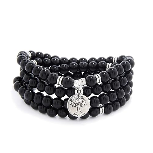 Handmade 108 Stone Mala Beads with Tree of Life Charm - Wear as Necklace or Bracelet - style: Black Agate