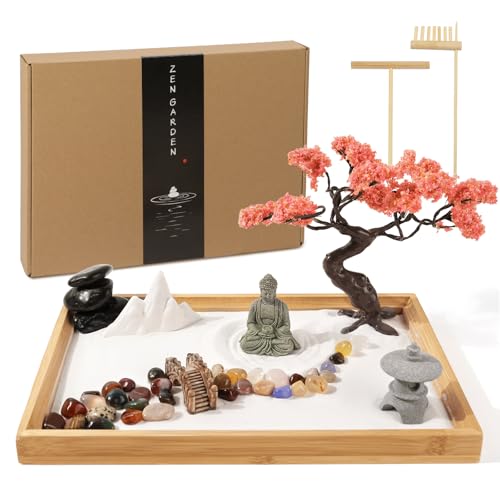 Mini Zen Garden for Desk Decor with White Sand 11x7.5in, Japanese Zen Garden Kit Sand Tray for Therapy Office Decor, Home Decor, Meditation Gifts (Bodhi Tree and Buddha) - color: Bodhi Tree and Buddha