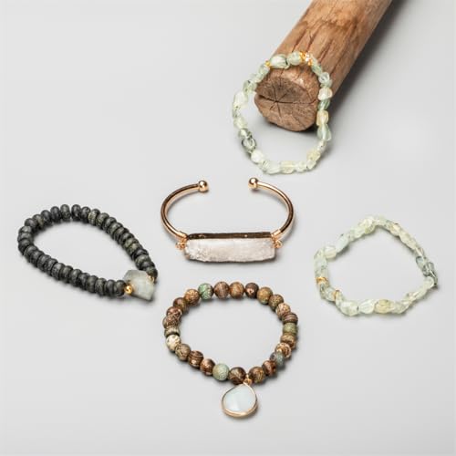 5PCS Natural Boho Beaded Bracelets Bangle for Women Men,Healing Turquoise Jasper Agate Crystal Gemstone Stone Chakra Multilayer Wrap Bohemian Handmade Jewelry Beads Stretch Bracelet Set - color: Grey Green