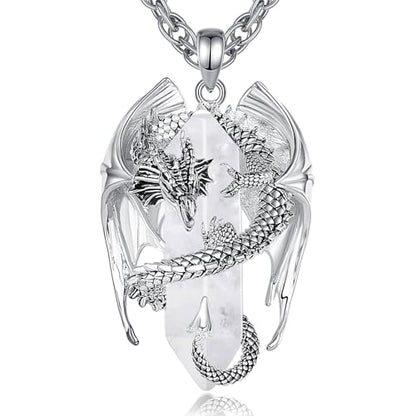 INFUSEU Unique Dragon Necklaces with Healing Crystal Stone for Men Women, Personalized Spiritual Gifts, 24 Inch Chain - color: Clear