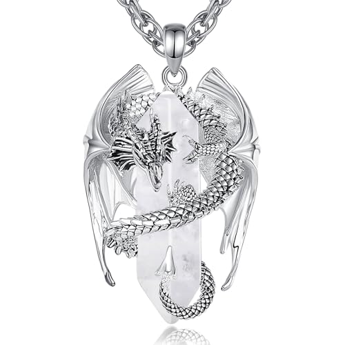 INFUSEU Unique Dragon Necklaces with Healing Crystal Stone for Men Women, Personalized Spiritual Gifts, 24 Inch Chain - color: Clear