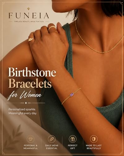 FUNEIA Birthstone Gold Bracelets for Women Non Tarnish Trendy Dainty 14K Gold Plated Bracelet Stack Stackable Blue Green May Emerald Friendship Bracelets Jewelry Gifts for Mom Best Friend - color: 02. February(Amethyst)