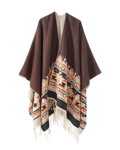 Shawl Wraps for Women, Elegant Knitted Cape Open Front Poncho Scarf Blanket Cardigan Coat for Spring, Autumn, and Winter - color: Brown Beige