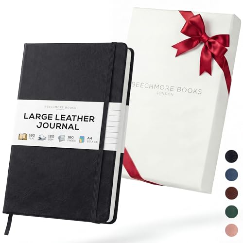 BEECHMORE BOOKS Large Lined Journal Notebook, 8.5" x 11.5" (A4) Hardcover Vegan Leather Executive Diary for Work, Thick 120gsm Paper, Lay-Flat Binding, Gift Box - color: Charcoal Black, size: A4 - 8.5" x 11.5" Large