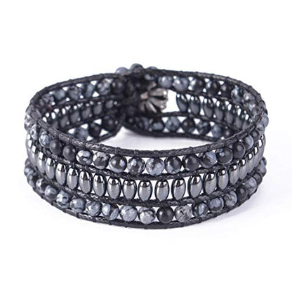 YGLINE Boho Handmade Natural Stone Bead 3 Row Wide Wrap Wrist Statment Bracelet Jewelry Collection - color: Black Mix