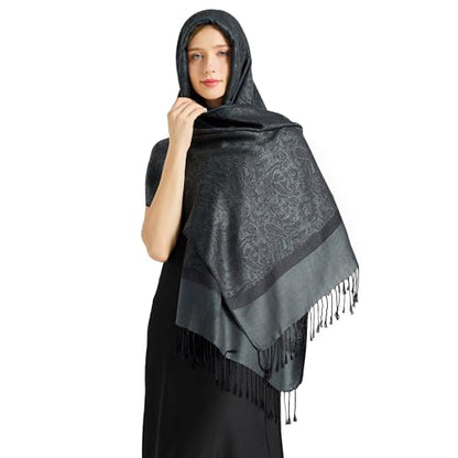 Silky Paisley Pashmina Shawl Scarf-Women's Soft Double-side Jacquard Pashminas Wrap for Evening Dress Travel Shawl - color: A-black Charcoal Gray