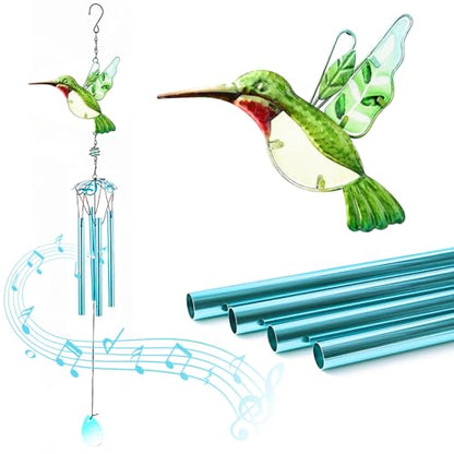 Green Hummingbird Wind Chimes, Wind Chimes for Outdoor, 26" Glass Painted Mobile Romantic Chimes, Patio, Balcony, Garden Decoration, Gifts for Mom & Women