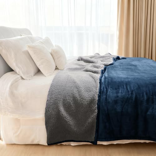 Sherpa Throw Blanket Super Soft Reversible Ultra Luxurious Plush Blanket, 50 x 60 inches, Navy/Gray - color: Navy / Gray, size: Throw (50" x 60")