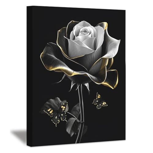 Black and Gold Rose Wall Art Canvas Prints Living Room Wall Decor,Flower Framed Art Posters Bedroom Bathroom Wall Decorations 12"x16" - color: Framed-black and Gold Rose Wall Art