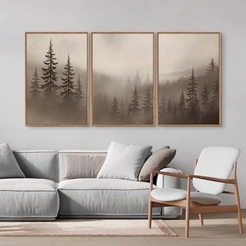 KYLESONLIE Misty Forest Framed Canvas Wall Art Set, Foggy Pine Tree Woodland Wall Decor, Calming Nature Zen Art Paintings, Minimalist Wood Landscape Artwork for Bedroom Living Room Office 16"x24"x3