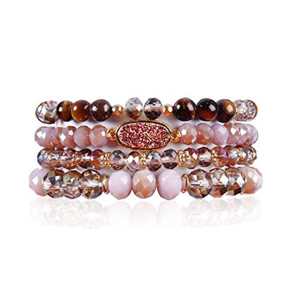 RIAH FASHION Bohemian Acrylic Druzy Multi-Layer Bead Statement Bracelet - Versatile Faux Stone Pendant Stretch Strand Stackable Cuff Bangle Set Sparkly Crystal - color: Oval Acrylic Druzy - Purple