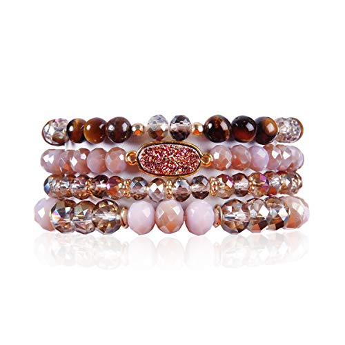 RIAH FASHION Bohemian Acrylic Druzy Multi-Layer Bead Statement Bracelet - Versatile Faux Stone Pendant Stretch Strand Stackable Cuff Bangle Set Sparkly Crystal - color: Oval Acrylic Druzy - Purple