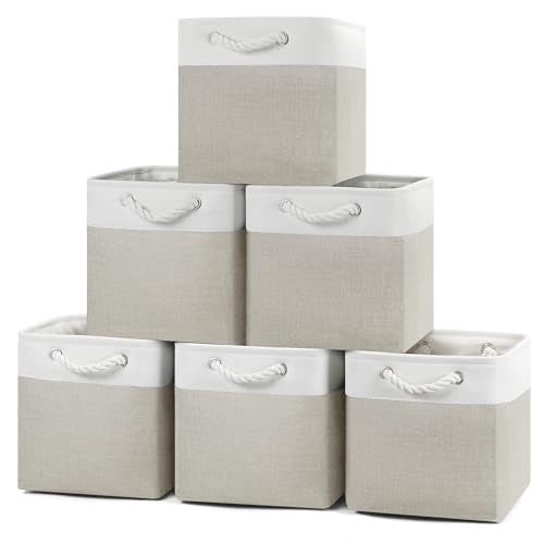 Posprica 11×11 Storage Cubes, Collapsible Storage Bins Organizer for Closet, Fabric Storage Box with Cotton Rope Handles, Decorative Storage Baskets for Shelves, set of 6 - White/Coffee - color: White/Coffee, size: 11×11×11/6pcs