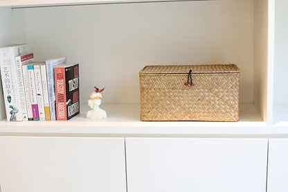 Rectangular Handwoven Seagrass Storage Basket with Lid for Shelves and Home Organizer Bin, (M (12"x7"x6"H), Natural) - size: M (12"x7"x6"H)