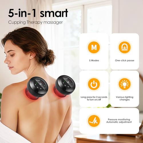 5-in-1 Smart Dynamic Cupping Device with Automatic Temperature and Suction Adjustment, Featuring red Light Therapy; Helps Relieve Back Pain, Muscle Knots, and Soreness