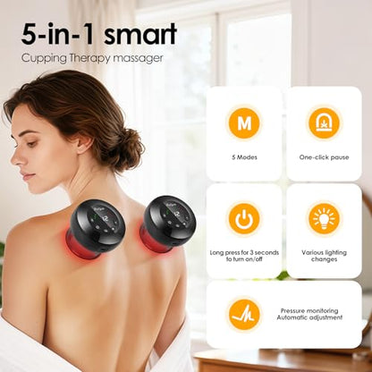 5-in-1 Smart Dynamic Cupping Device with Automatic Temperature and Suction Adjustment, Featuring red Light Therapy; Helps Relieve Back Pain, Muscle Knots, and Soreness